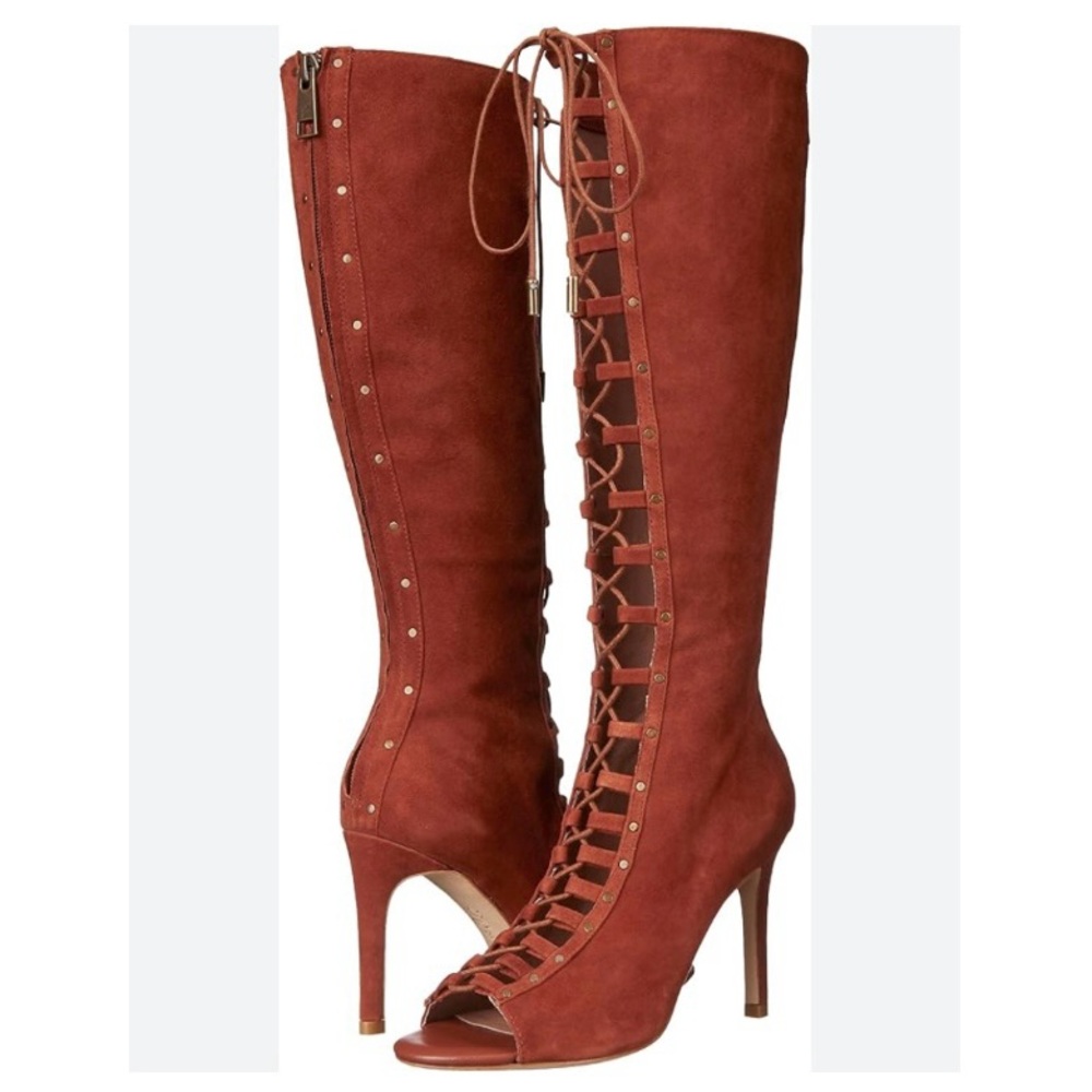 Joie Aubrey Boots Rust Colored Suede Knee-High Boots Open Toe Corset Lace Up 9